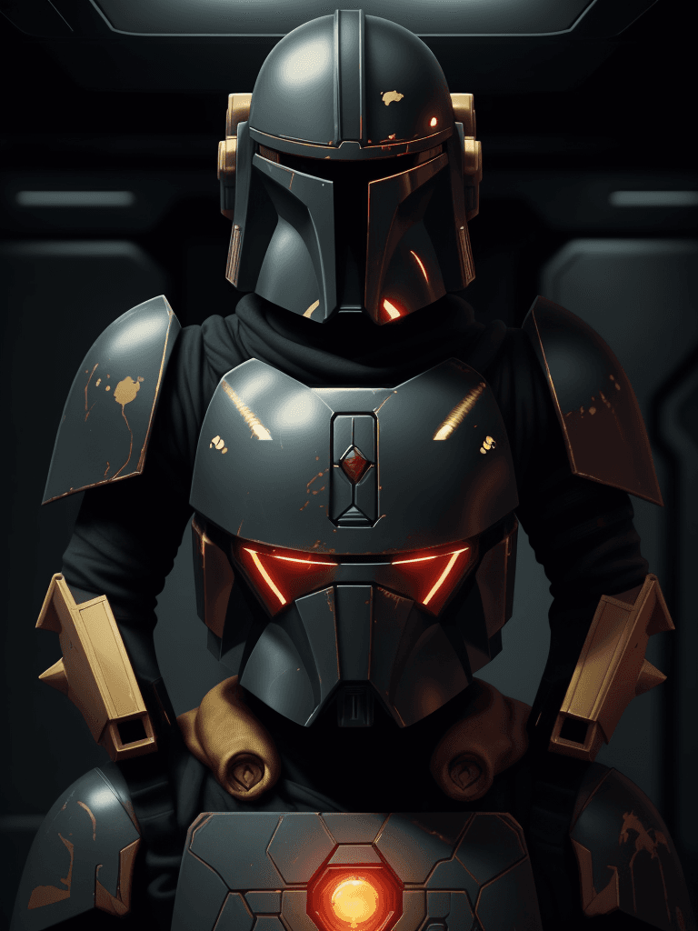 AI generated: A haunting scene of a mandalorian with a golden armor| golden armor(red glowing eyes:1.2)| in a rell...