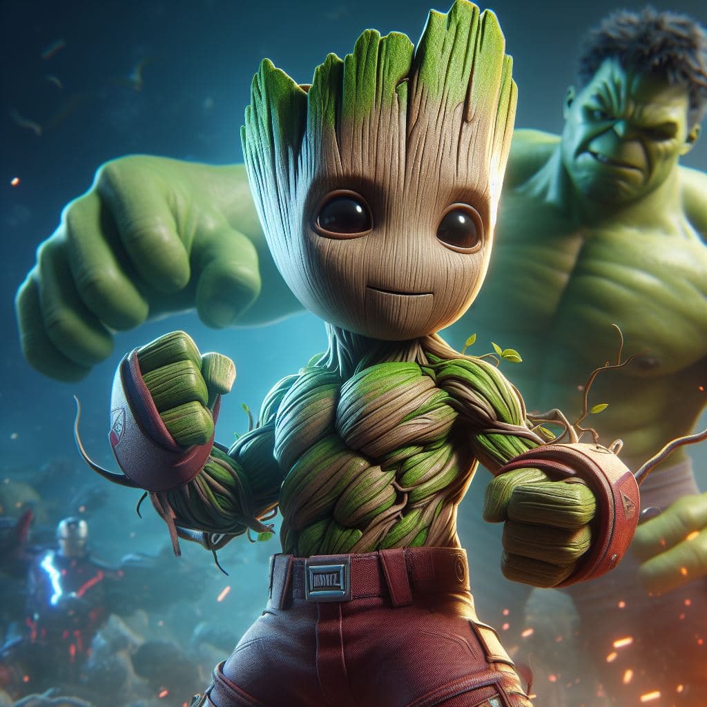 AI generated: Baby Groot of Marvel, disfrazado de hulk con guantes de puños de hulk, masterpiece, 8K, octane rende...