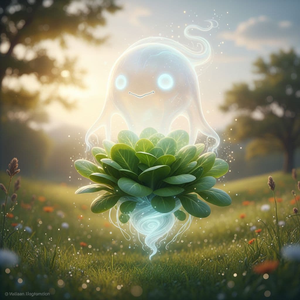 AI generated: make a creature that is half ghost half Valerianella locusta