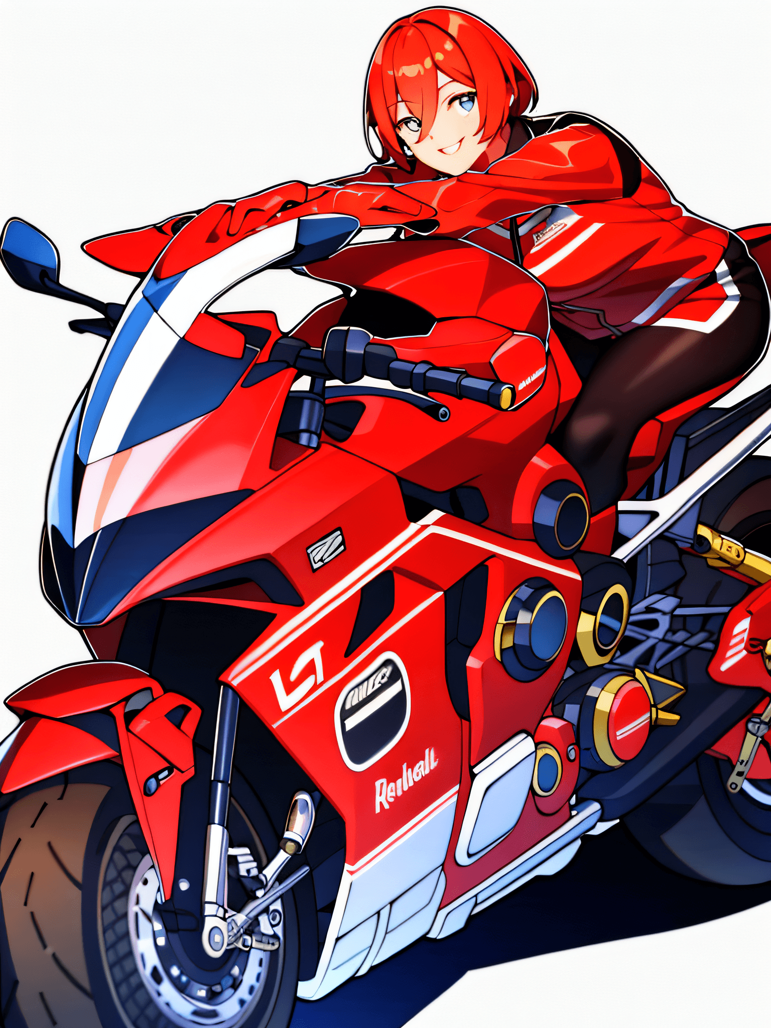 AI generated: motorcyclist woman posing next to her red motorcycle