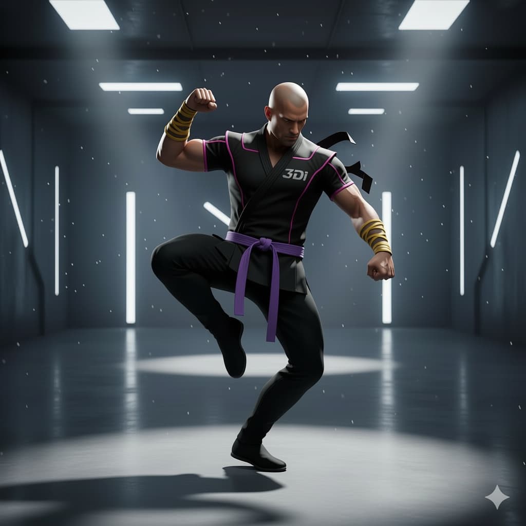 AI generated: I want the 3D ninja character I just uploaded to jump and spin forward 360°, then heroically land on...