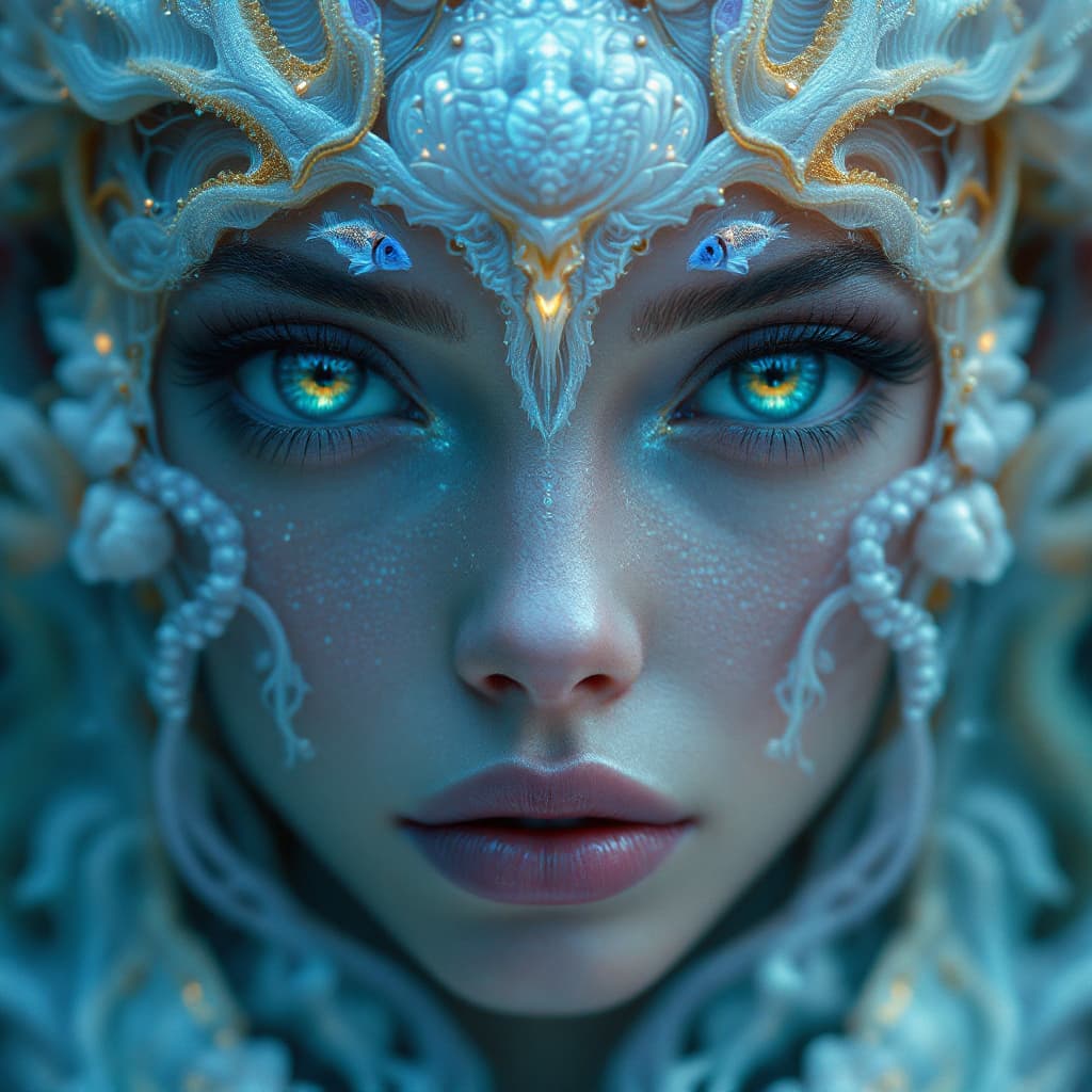 AI generated: Goddess close-up portrait ribcagel. jellyfish phoenix head, nautilus, orchid, skull, betta fish, bio...