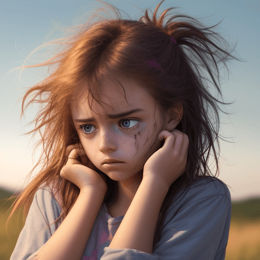 AI generated: Close-up photo of a worried girl, with messy hair, hands on forehead, looking far, vibrant colors, d...
