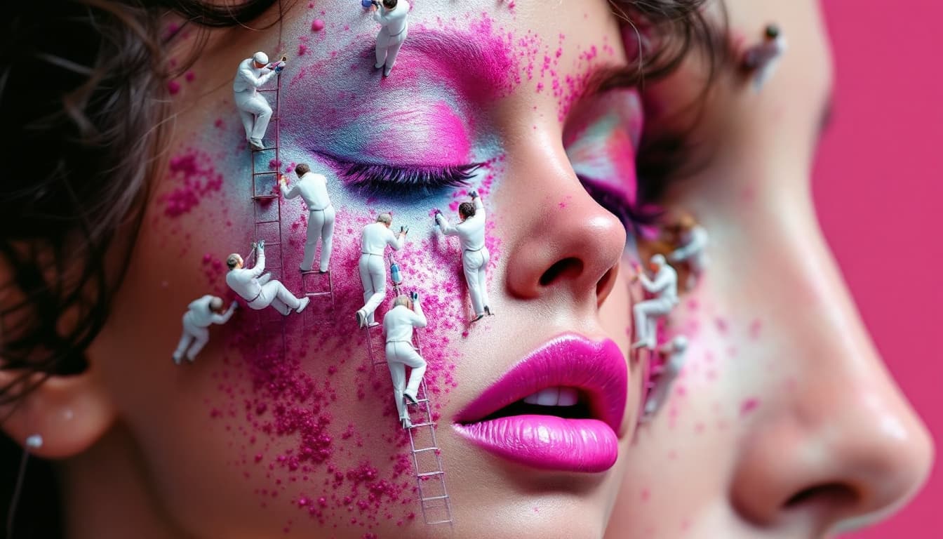 AI generated: Create a Real Eye of a Model Face - A real photo of numerous tiny people, reminiscent of midgets, pe...