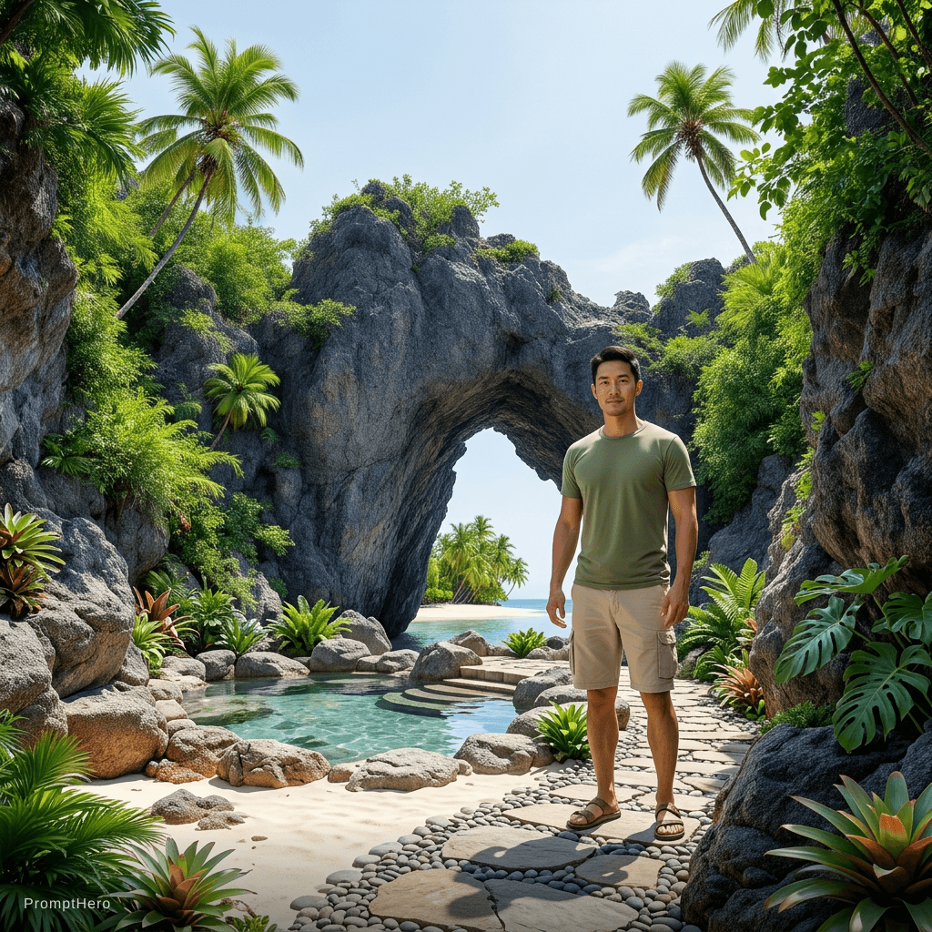 AI generated: tropical paradise with palm trees, lush greenery, a small pool, and stone pathway with a Asian man i...