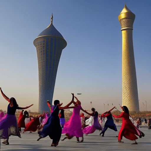 AI generated: women dancing in front of the Azadi tower in Tehran, iran, people applauding them, ultra detailed, b...