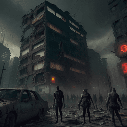 AI generated: A (time of day) scene of a Cyberpunk post-apocalyptic city in ruins and zombies. A group of (type of...