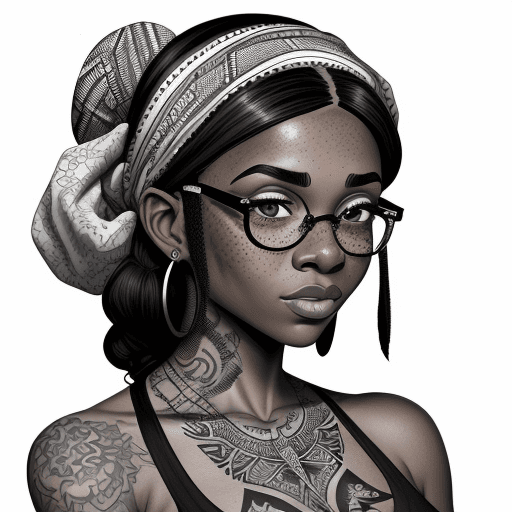 AI generated: detailed black and white drawing of an attractive black woman with few freckles, wearing large round...
