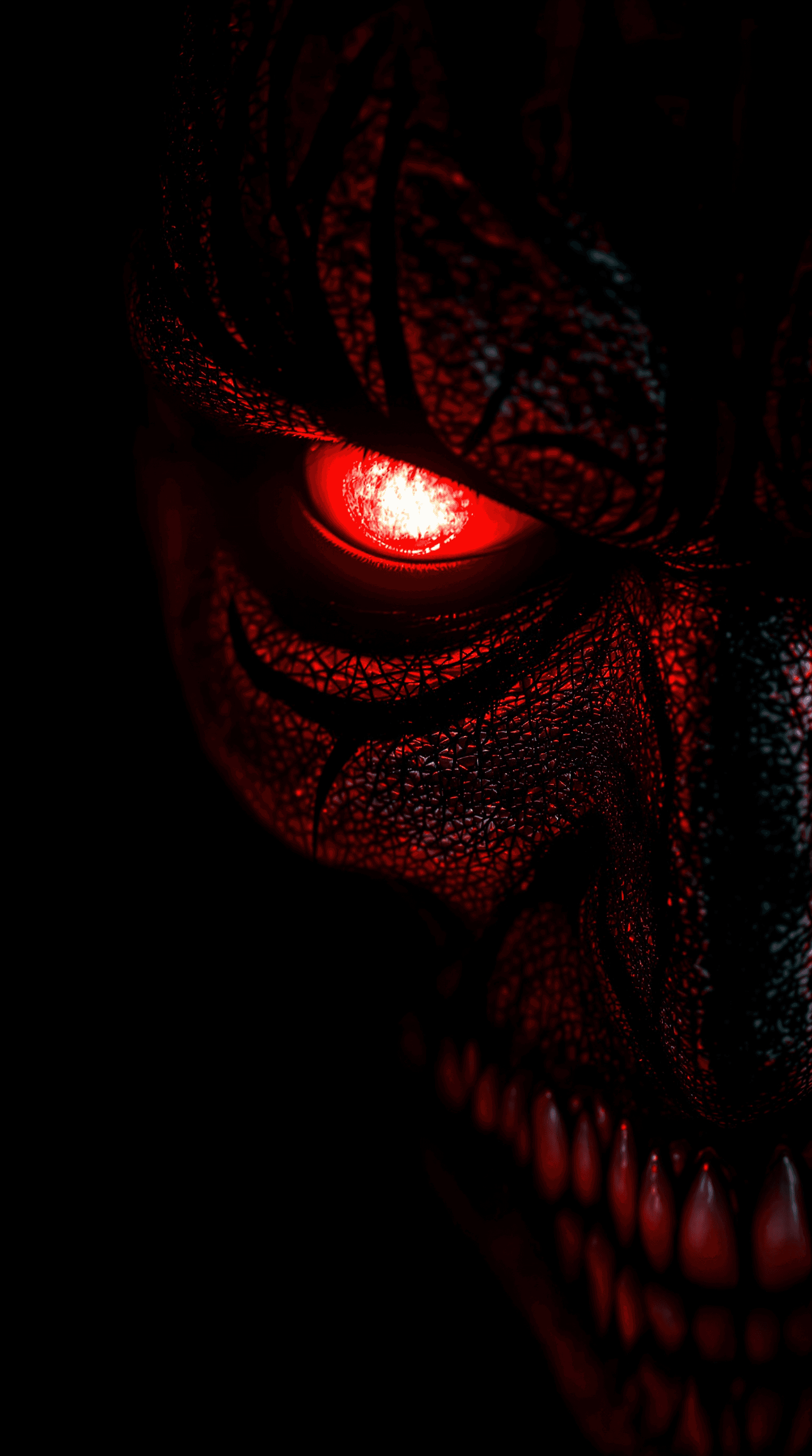 AI generated: demonic face with glowing eyes and intricate markings, a demonic face with red glowing eyes and blac...