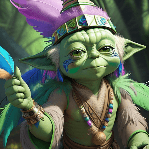 AI generated: generate an image A YODA with vibrant feathers, in a feathered headpiece, with sparkling eyes and a ...