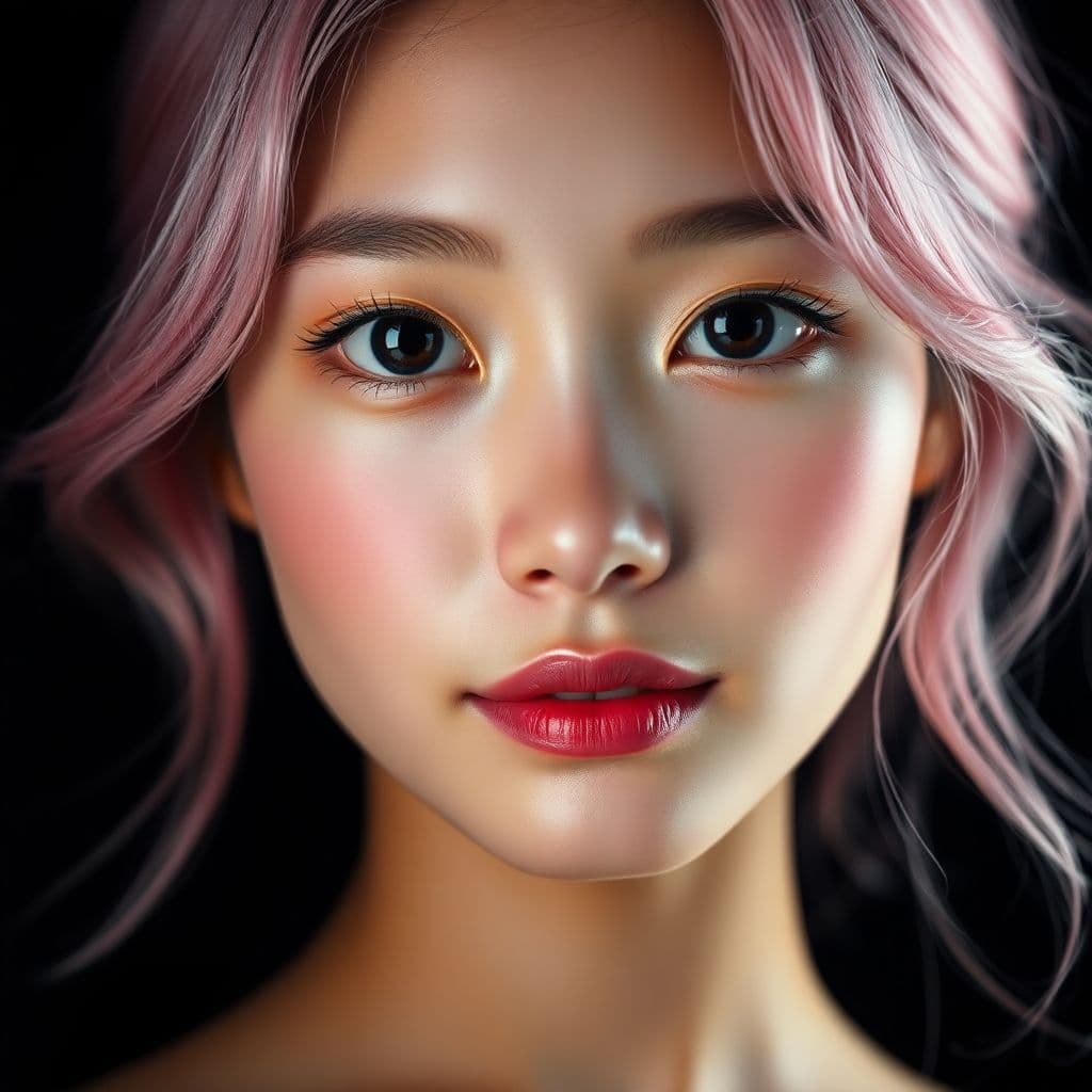 AI generated: "A stunning close-up portrait of a beautiful Japanese girl with soft pink hair and deep, dark eyes. ...