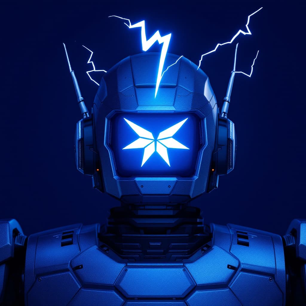 AI generated: A blue robot with crisp clear white crested star logo on its chest and a white lightning above its h...