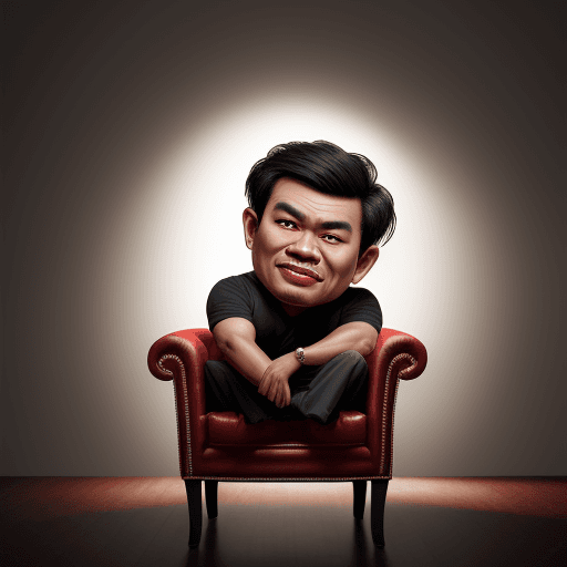 AI generated: Caricature 4D realistic full body with a big head. Indonesian man. Short, black hair. Sitting relaxe...