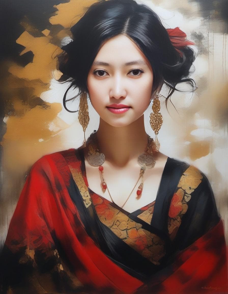 AI generated: breathtaking portrait of a gorgeous girl, sultry,  red scarf, dark gold and black, gossamer fabrics,...