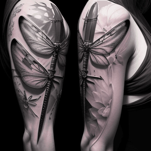 AI generated: A thin sword tattoo, the sword has dragonfly wings and two scales hanging from the two sides of the ...