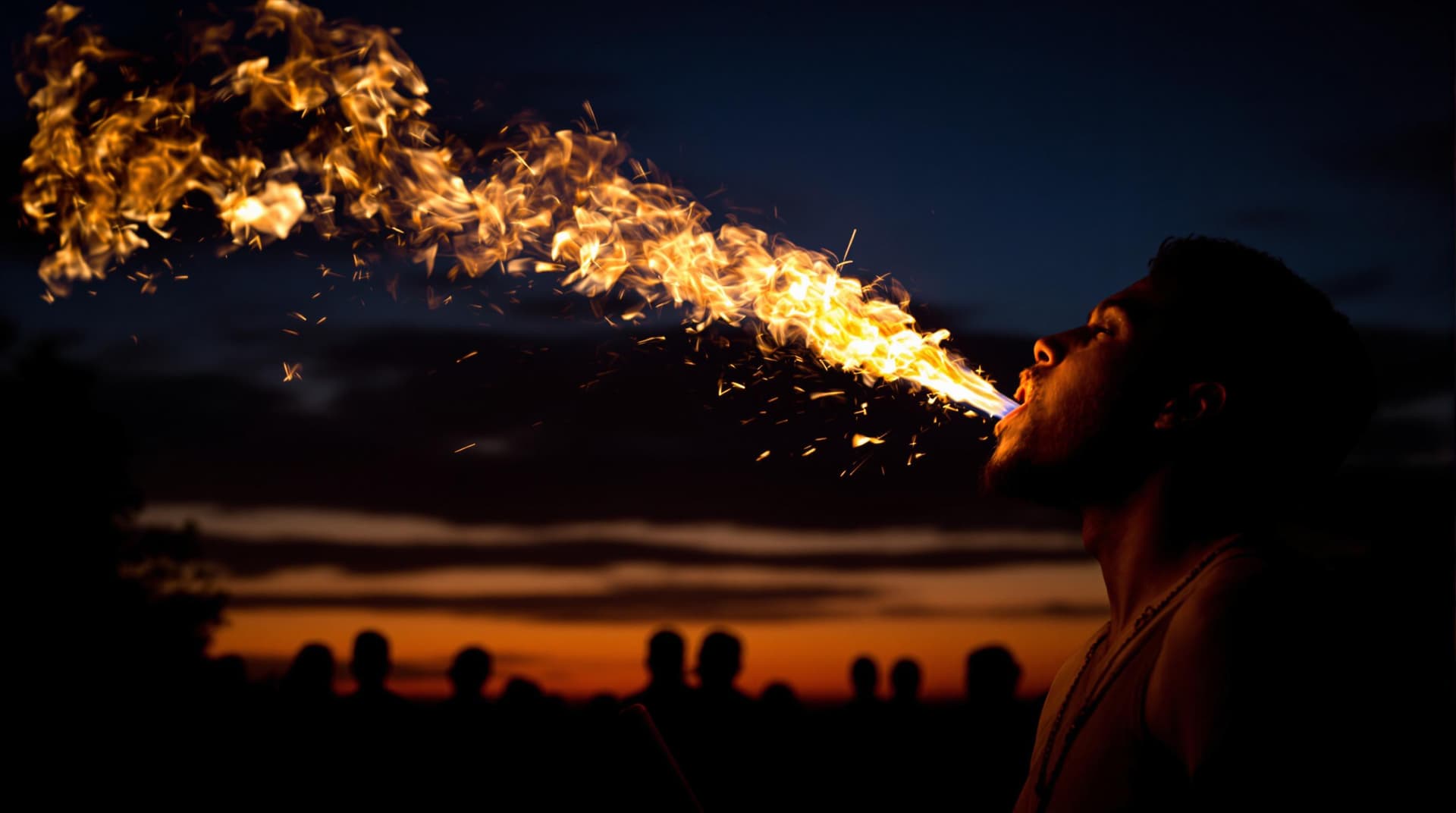 AI generated: The image captures a dramatic scene at dusk. In the foreground, a performer is seen breathing fire, ...