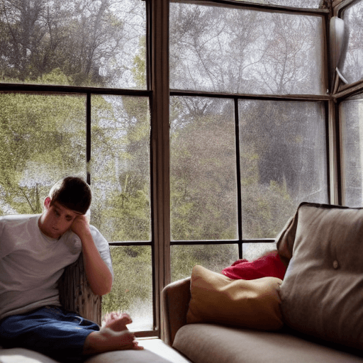 AI generated: A 22-year-old man is sitting on the sofa in his living room. The sun is shining in the back window a...