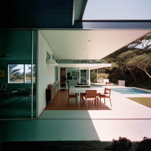 AI generated: Hyper realistic eye level exterior photo of a mid century modern style house overlooking the ocean, ...