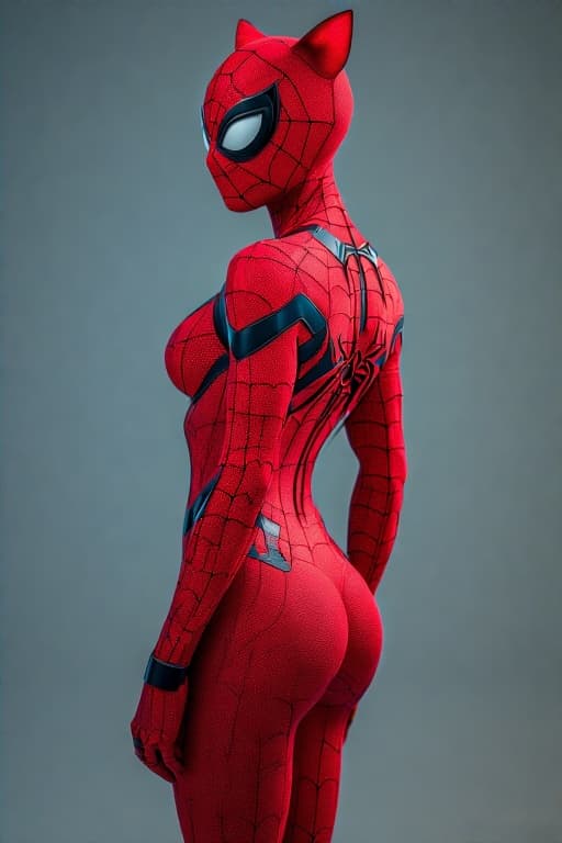 AI generated: cat head anthropomorphic humanoid body, marvel movie poster, spiderman character, red spiderman suit...