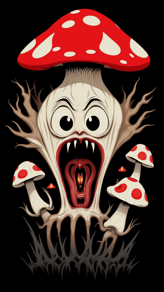 AI generated: vector horror art on the diverse background, a screaming crazy anthropomorphic evil mushroom with a ...