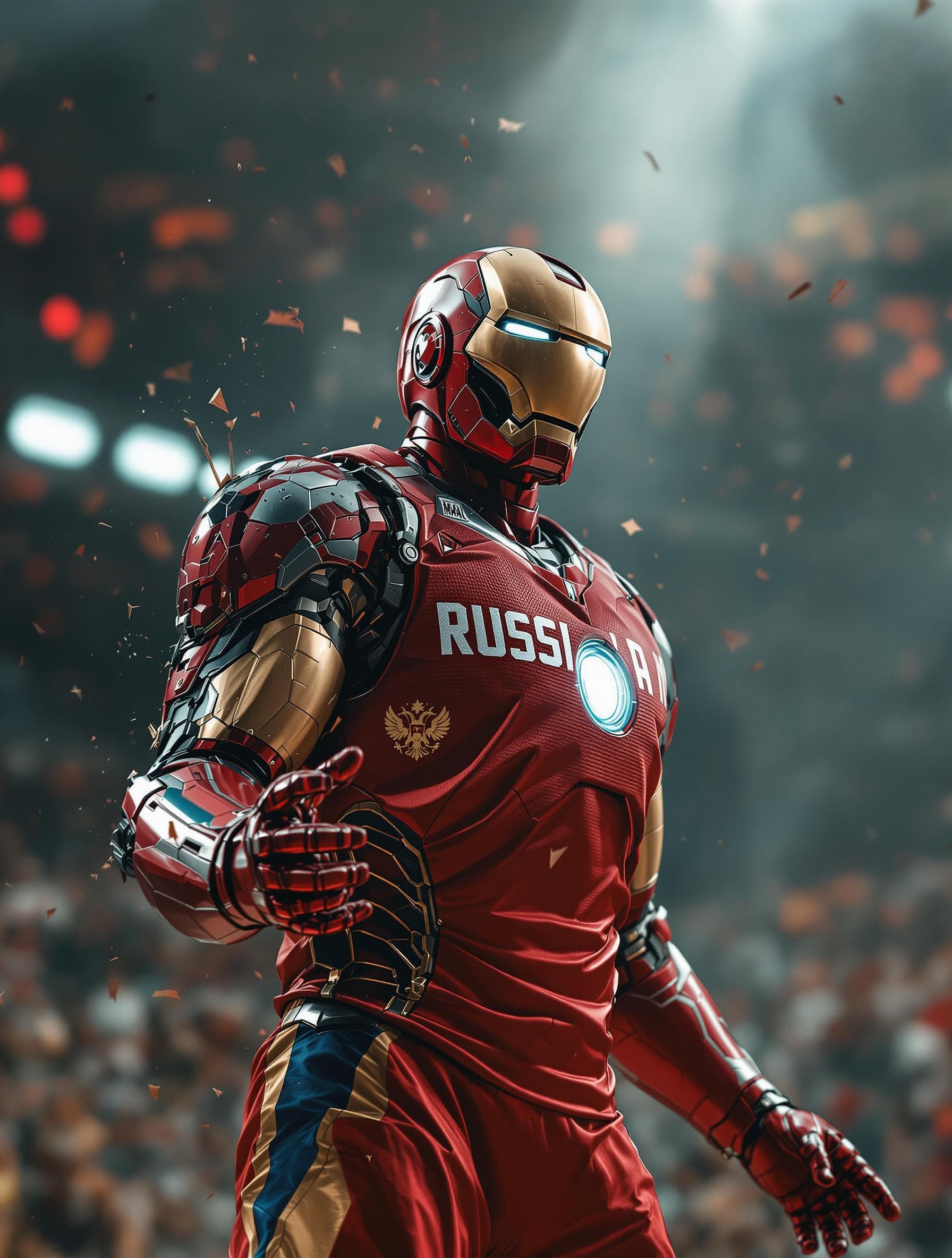 AI generated: marvel iron man playing basketball, dressed in russia uniform, russia jersey, realistic perspective,...