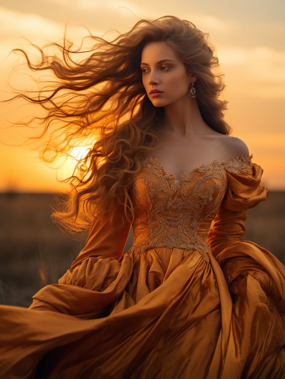 AI generated: fashion photo of extremely beautiful 18 years old long hair woman, made of sunrise , dressed in suns...