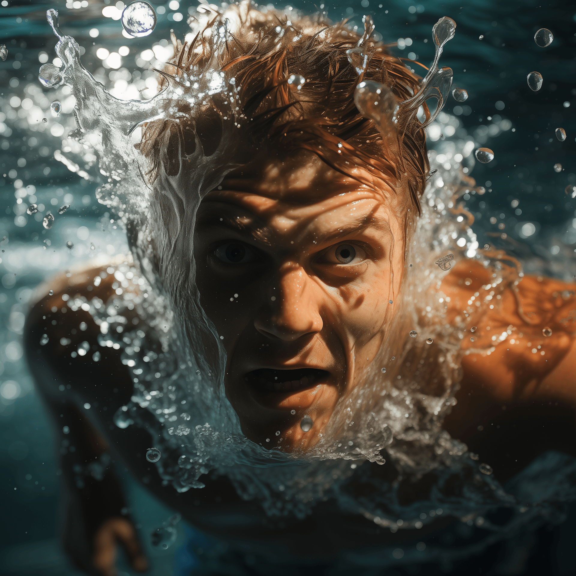 AI generated: an up-close and intensely detailed scene of a swimmer slicing through crystal-clear water. The persp...