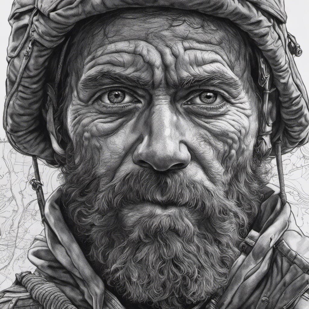 AI generated: A steady hand drawing the portrait of a fearless explorer, mapping out their adventures, colors blac...