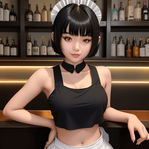 AI generated: Asian girl 21 years old, with crop tee maid costume, black wolfcut hair, hands under the chin making...