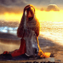 AI generated: extreme long shot, realistic vintage photography, a female dressed like Jesus Christ, heavily torn c...