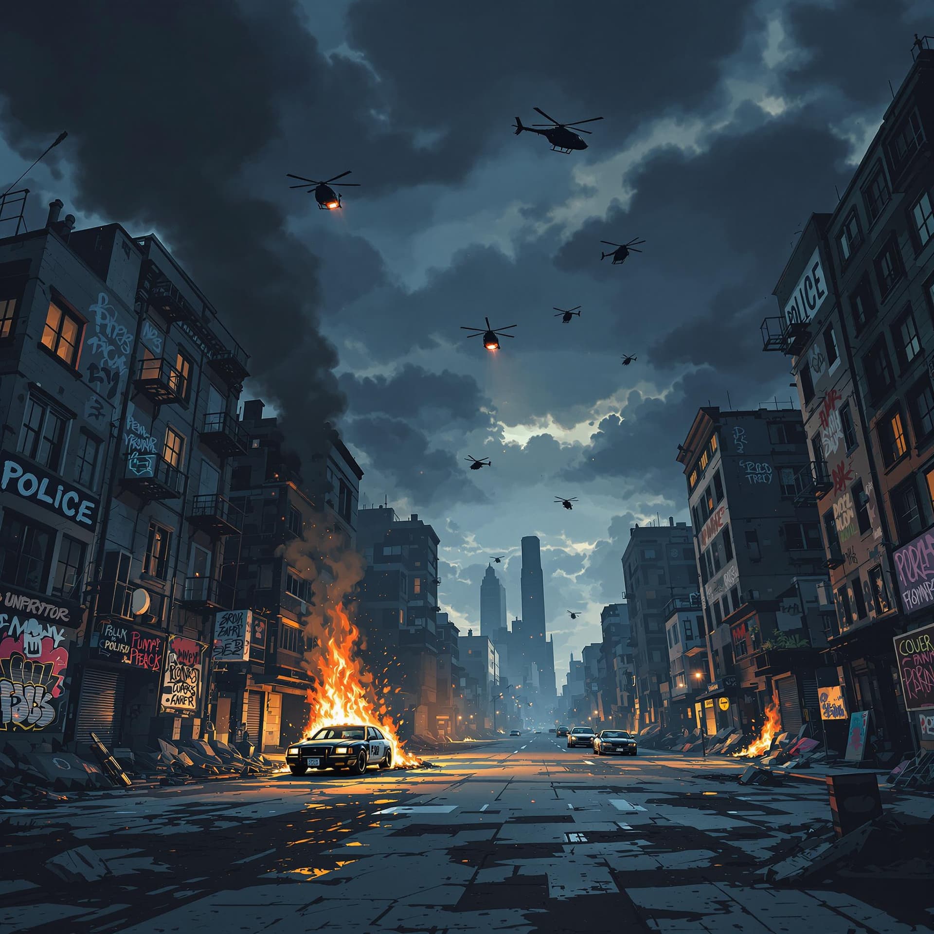 AI generated: hip hop graffiti abandoned empty street buildings and a car or 2 are on fire, police helicopters ove...