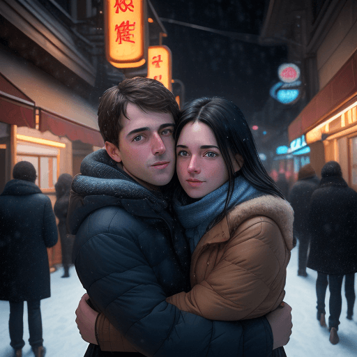 AI generated: realistic portrait an adult boy with short brown hair and brown eyes and a girl with long black hair...