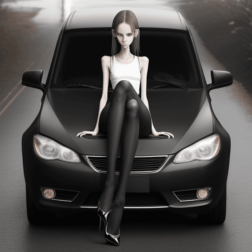 AI generated: a needle-thin anorexic girl with skinny long legs and long skinny calves in high heels with long hoo...