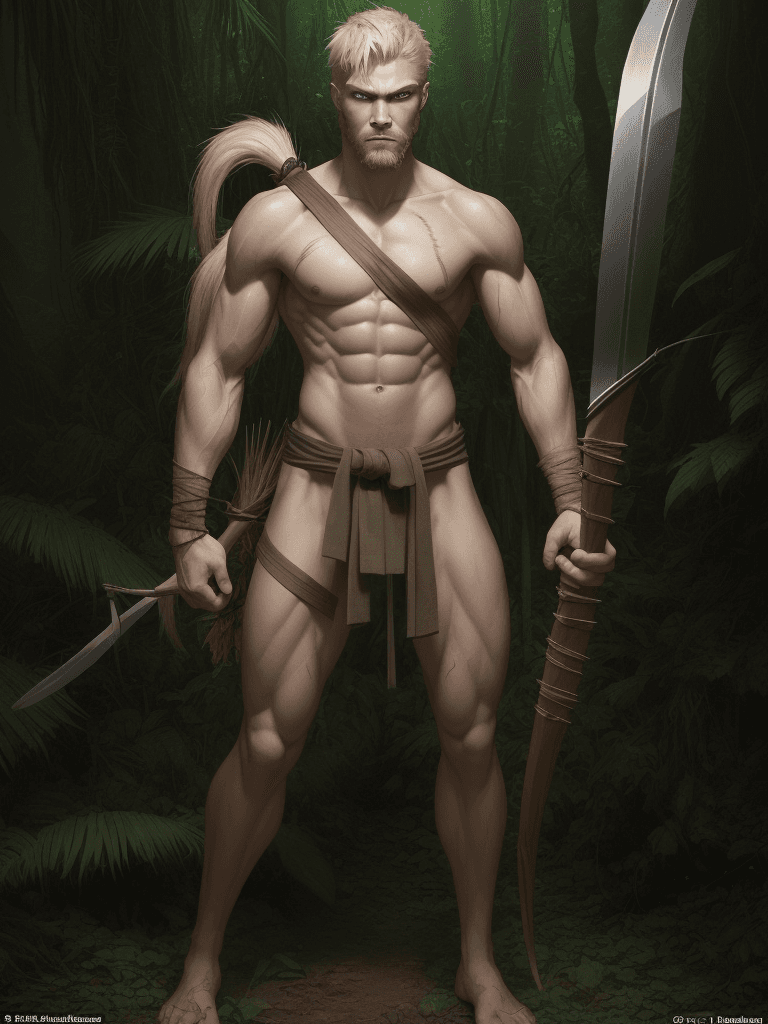AI generated: A full-body jungle warrior, slender but muscular, with pronounced facial features and a determined a...