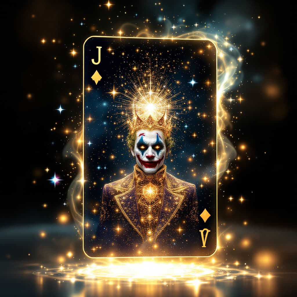 AI generated: The Joker card transforms into a 3D hologram that appears to be made of cosmic energy. As the Joker ...