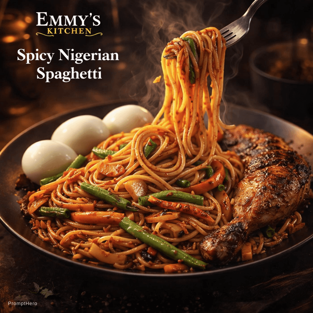 AI generated: Use this image as a reference. Ultra-realistic luxury advertisement of spicy Nigerian spaghetti from...