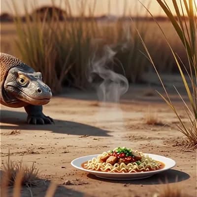AI generated video: 사바나는 동물의 왕국이다 넓은 들판에 불닭볶음면 놓아두었다 먼저 코모도 왕도마뱀이와서먹는다 매워서 도망간다 