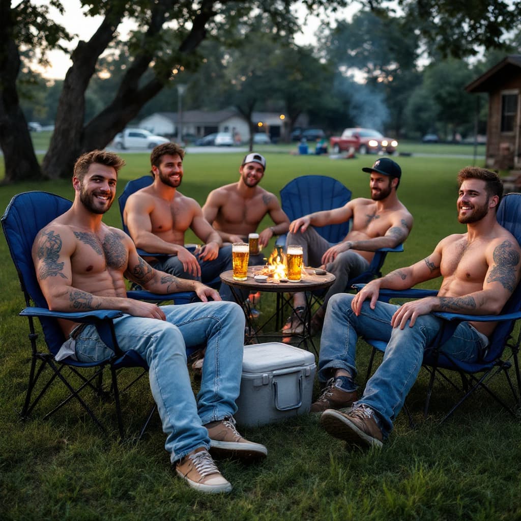 AI generated: Lawn chairs in the grass, coolers, beer, cook out, lots of hot sexy shirtless frat brothers, muscles...