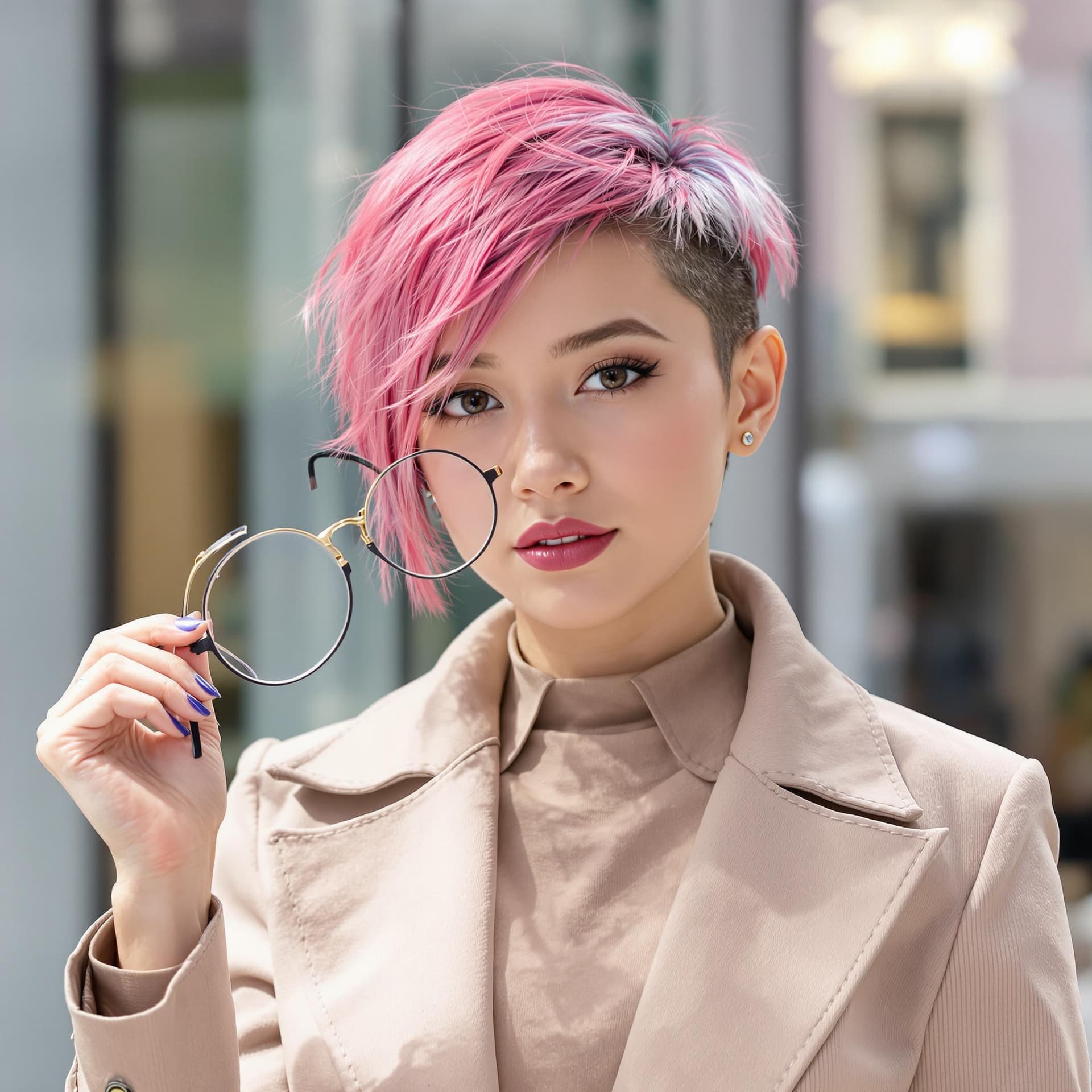 AI generated: A girl with dark pink, ultra-short hair in a sharp, edgy cut. She wears a tailored three-piece outfi...