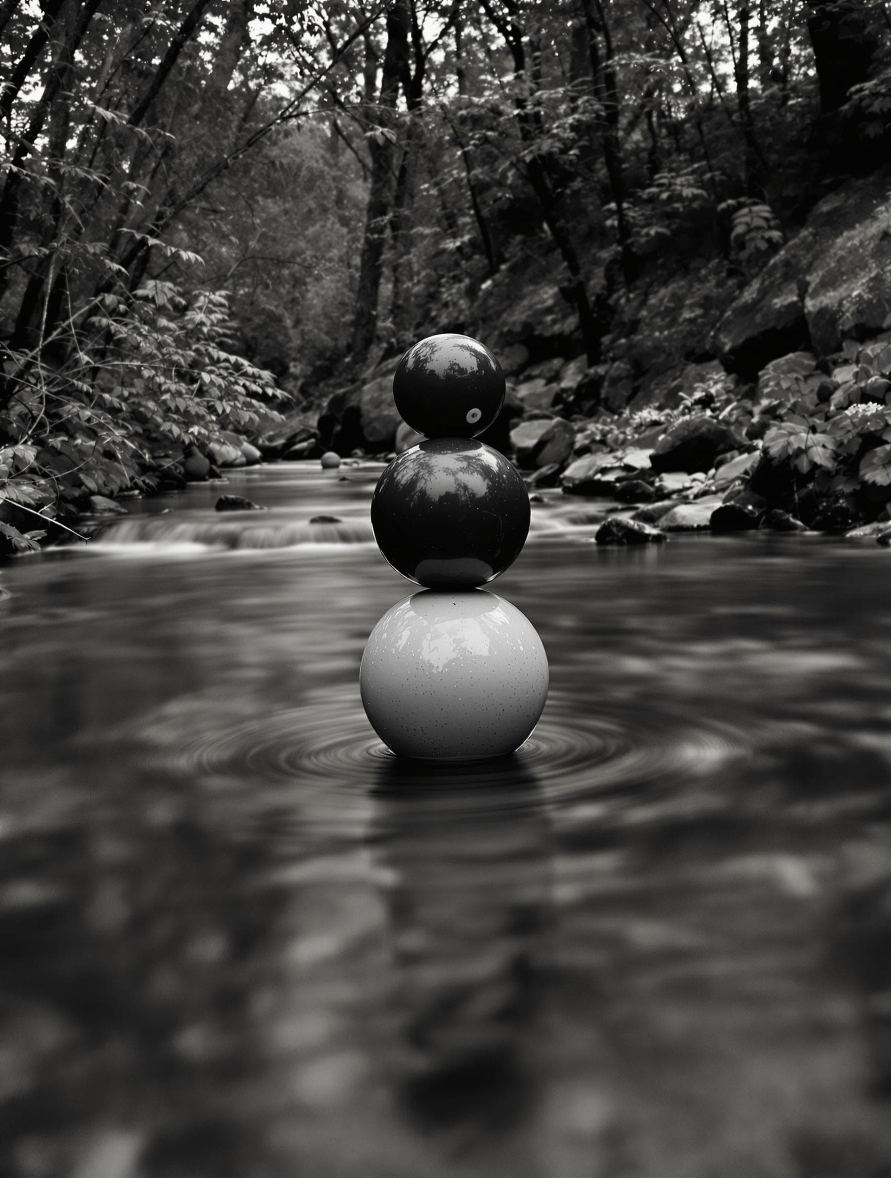 AI generated: award winning photography of balanced bowling balls on a rolling stream, minimalism, long time expos...