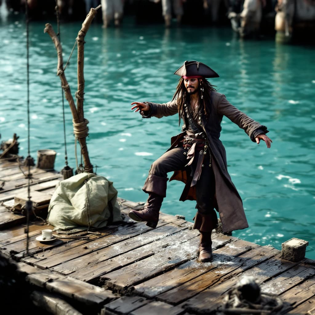 AI generated: "Capture the precise moment Jack Sparrow steps onto the dock from the mast of his sinking ship in Pi...