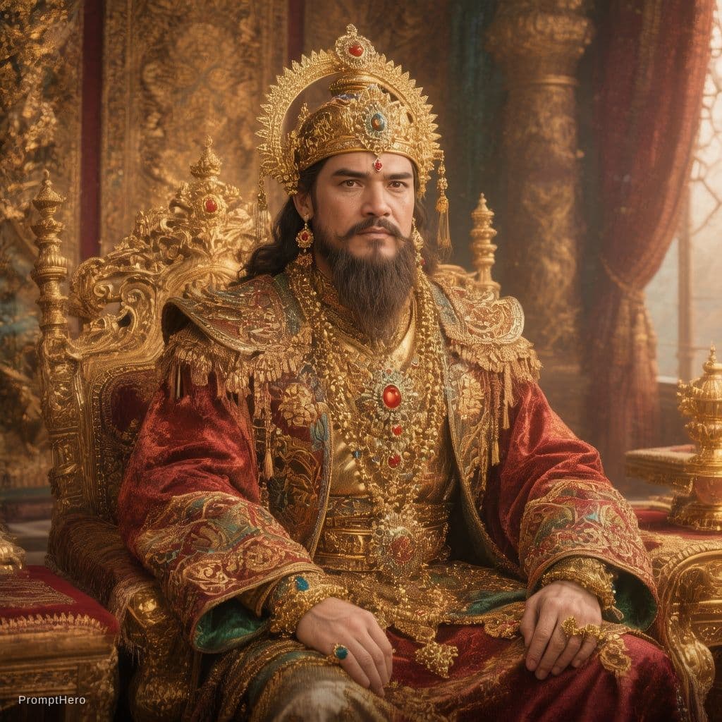 AI generated: एक बहादुर और दयालु राजा सिंहासन पर बैठा हुआ, सोने का मुकुट, राजसी कपड़े, महल का भव्य दरबार