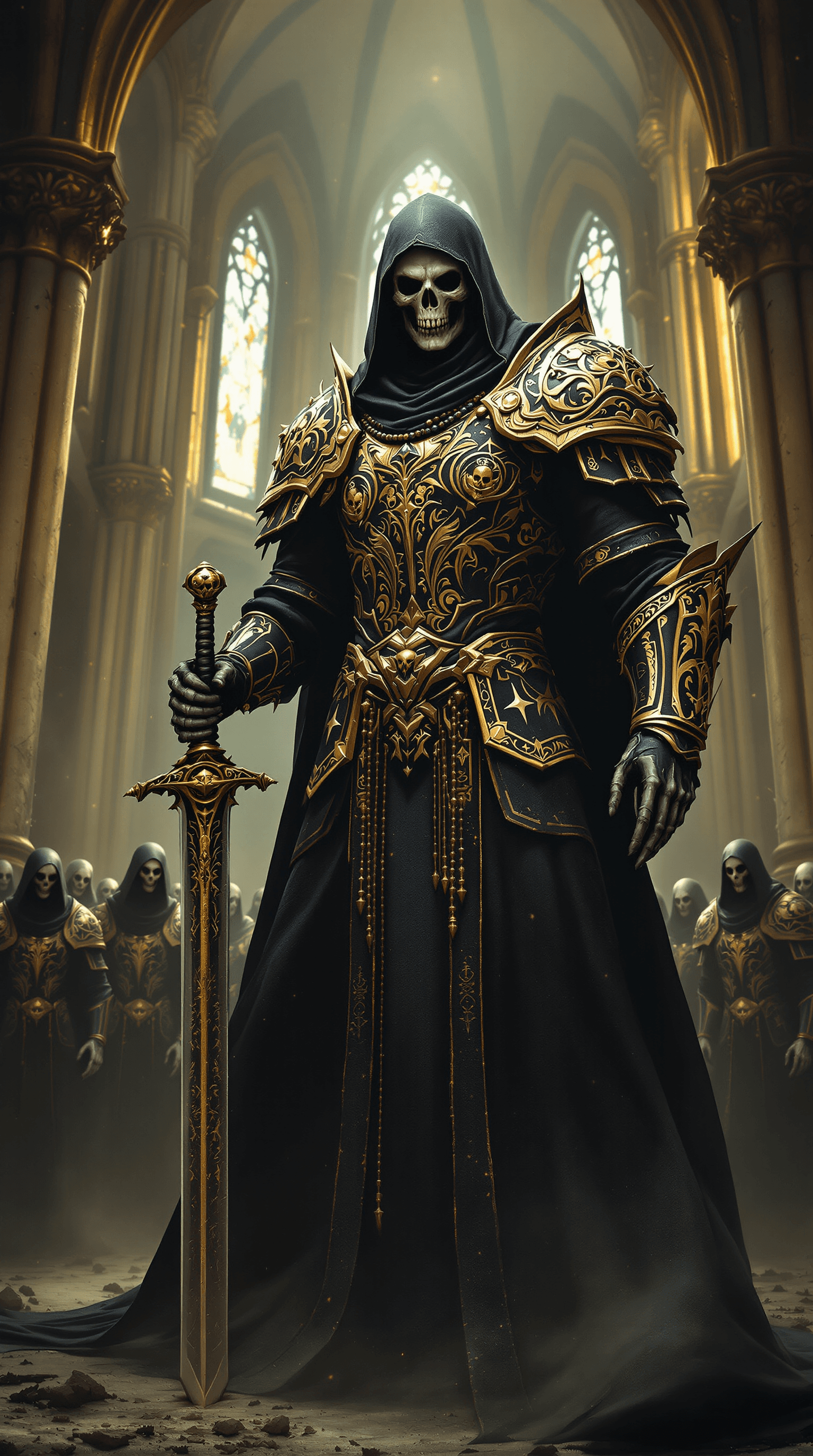 AI generated: A towering undead warrior clad in black and gold ceremonial armor stands in a ruined gothic cathedra...