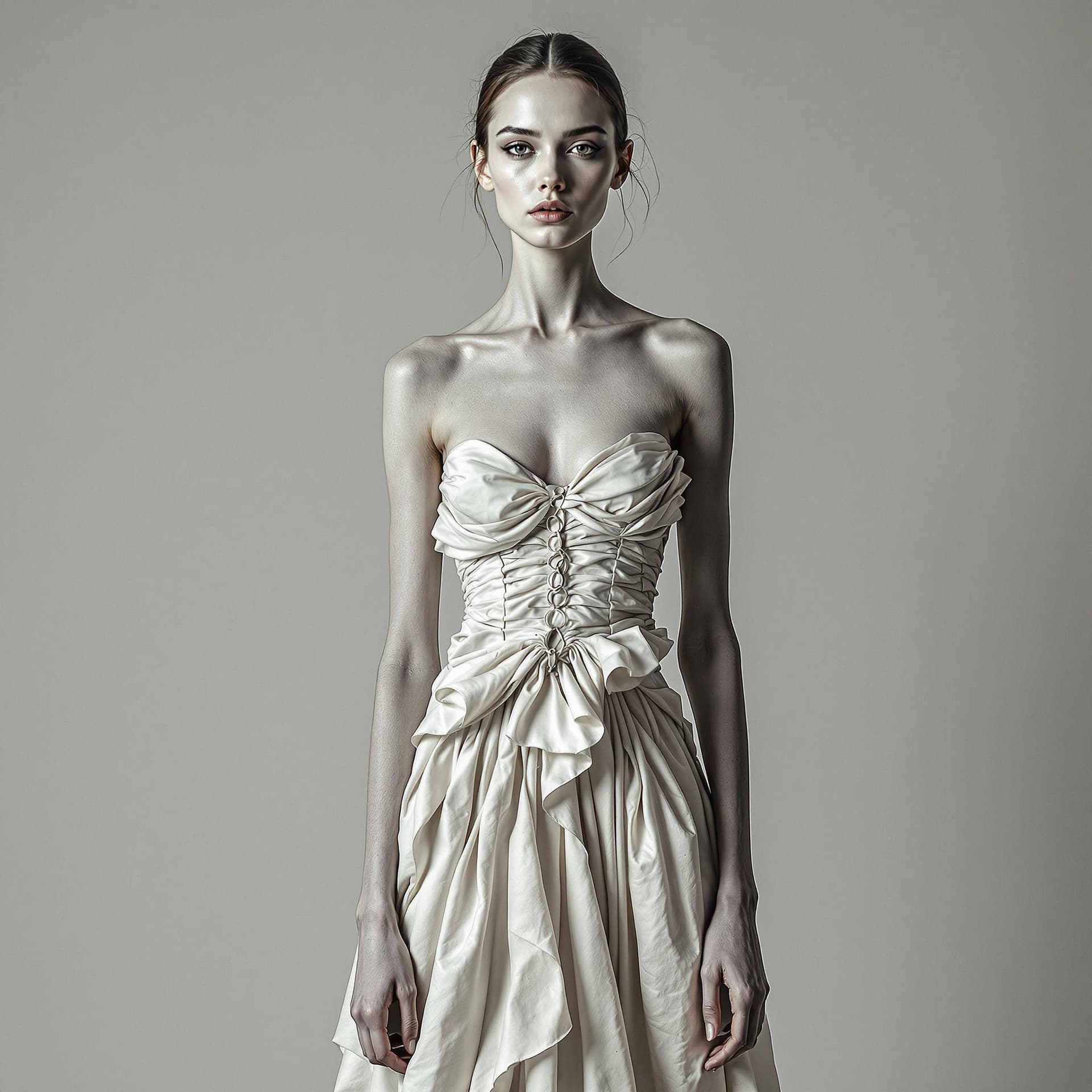 AI generated: high fashion portrait of a woman with rough skin, wearing a dress made from light fabric in the styl...