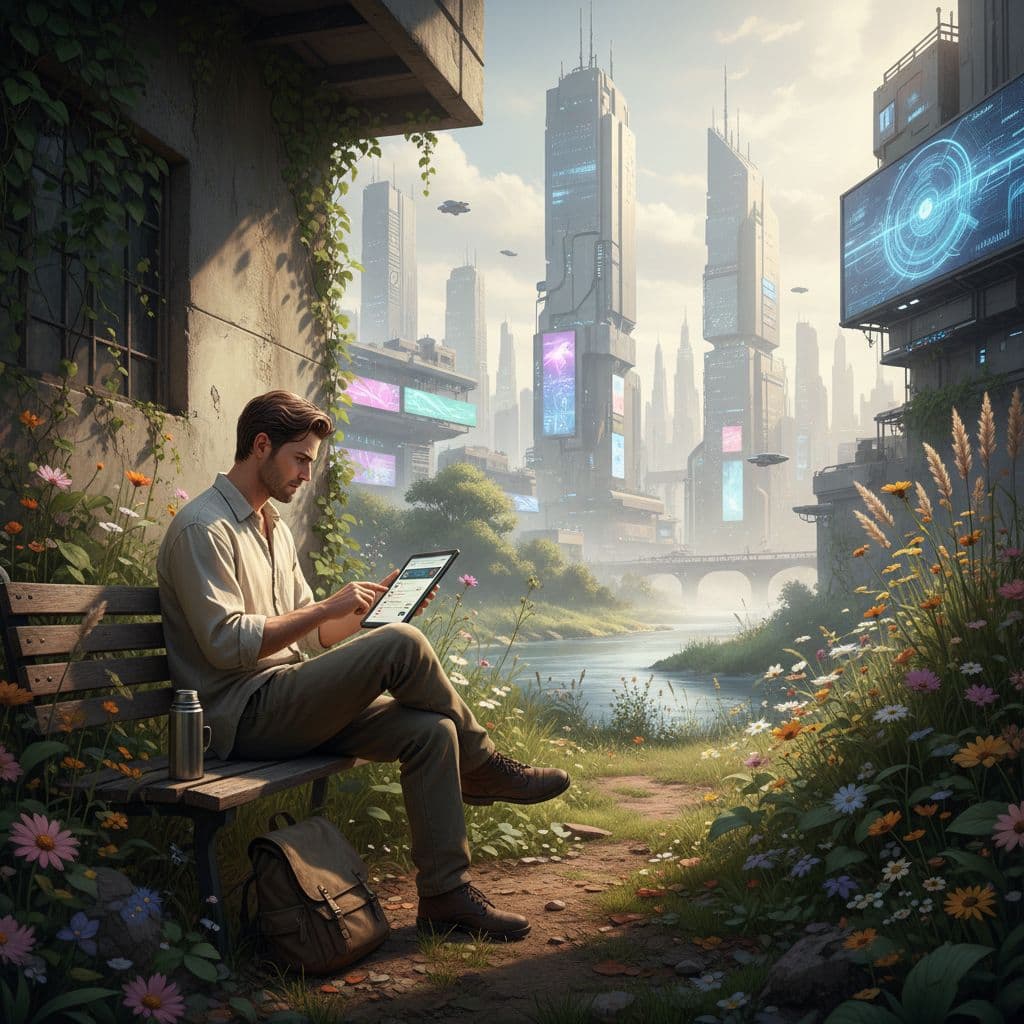 AI generated: create hyper natural image a man finding a job  in fornot of cyber city 