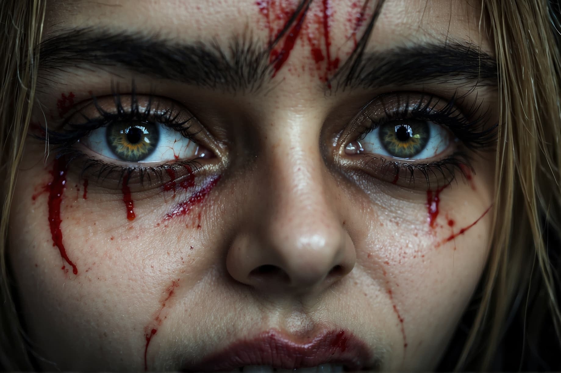 AI generated: "Produce an artistic representation of a war victim, their eyes filled with fear and despair. The sc...