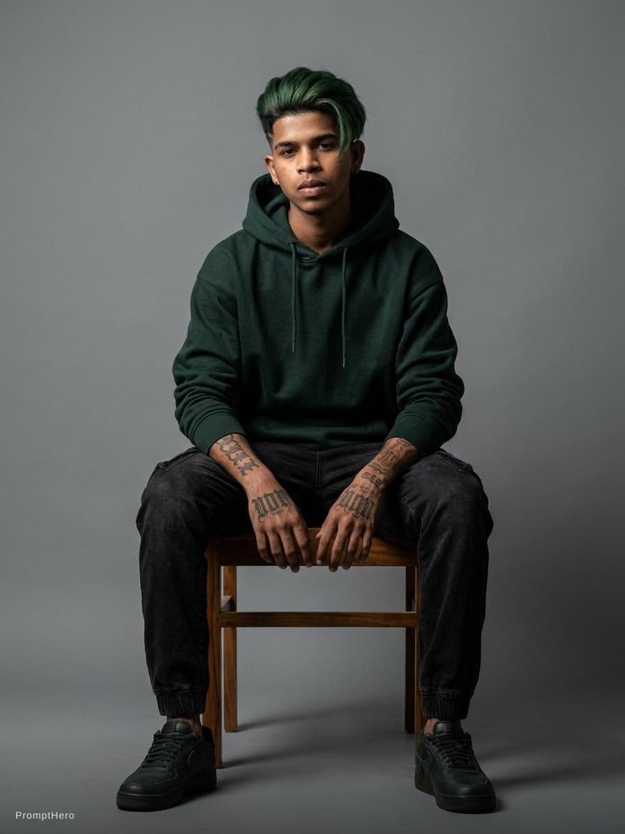 AI generated: photography, long-distance shot, man model, seated on chair, green long undercut, dark deep forest c...