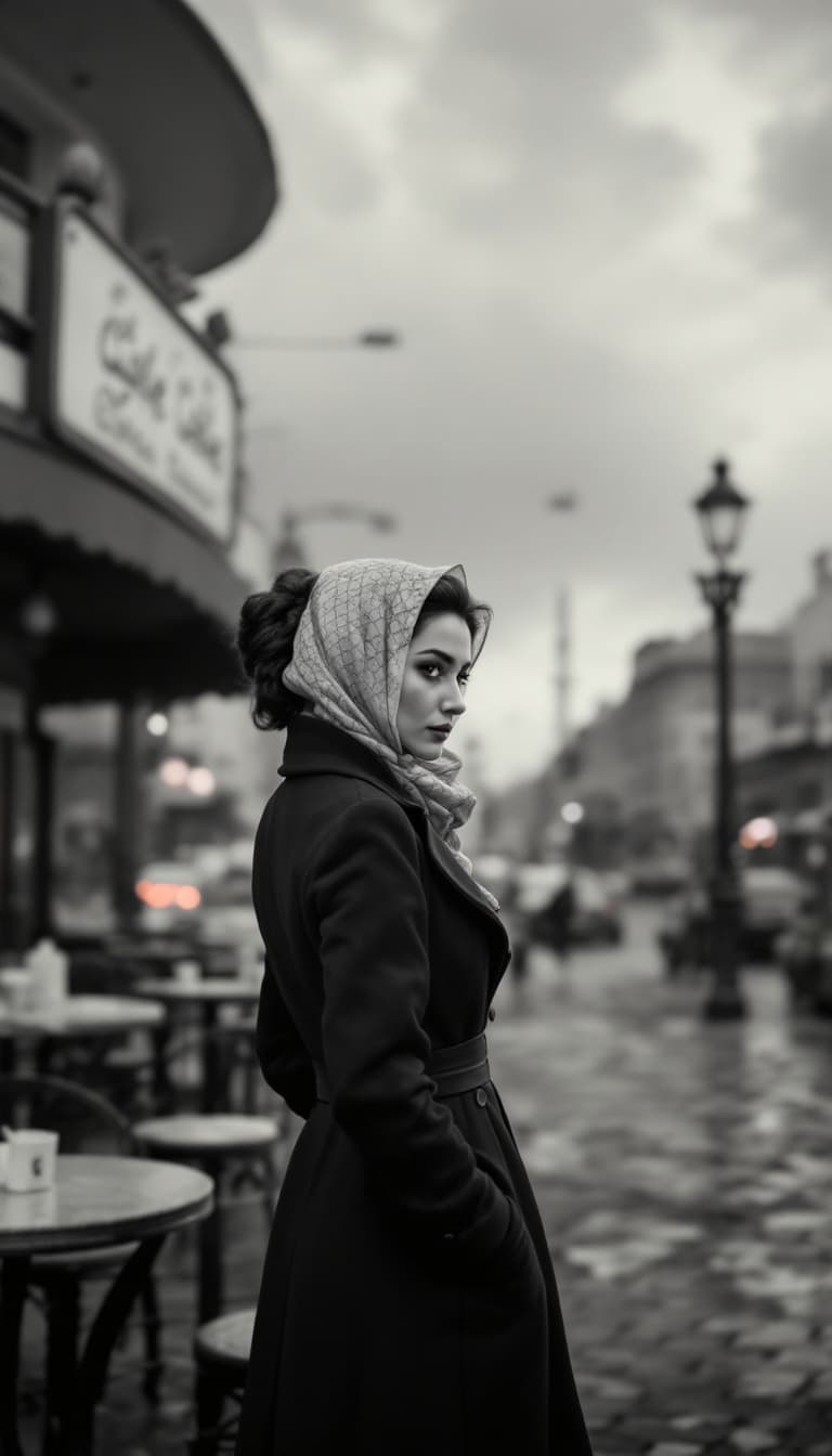 AI generated: A woman in a long, dark-colored coat with a traditional scarf over her head, her hair tied back in a...