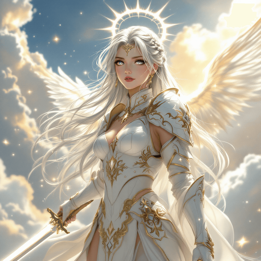 AI generated: The Celestial Paladin: An angelic warrior with long, flowing, silver hair that seems to glow with an...