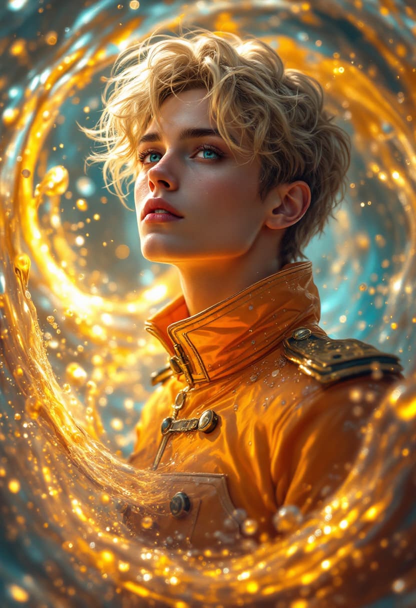 AI generated: Digital painting in anime style, featuring a full-length diorama of a man adorned in liquid gold hue...